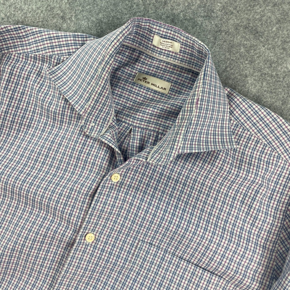 Peter Millar Mens Shirt M Blue Plaid Long Sleeve Golf Country Club Button Down